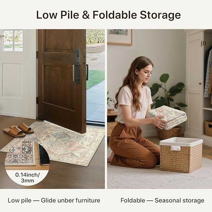 GENIMO Area Rug 2x3 Doormat, Machine Washable Low Pile Rugs, Small Retro Chenille Entryway Mat for Entrance, Hallway, Kitchen and Corridor, Beige Cream