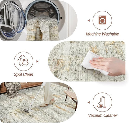 5x7 Area Rugs Gray Rust Low Pile Indoor Washable Trendy Faded Style Rugs for Bedroom Living Room Dining Room Foldable Non-Slip Thin Print Mat