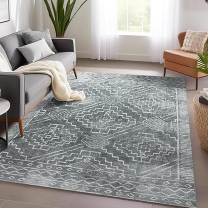 jinchan Moroccan 5x7 Area Rugs for Bedroom - Machine Washable Soft Modern Geometric Stain Resistant Non-Slip Ultra-Thin Low-Pile Faux Wool Carpet for Living Room Kitchen Dining Room (5x7ft,Dark Grey)