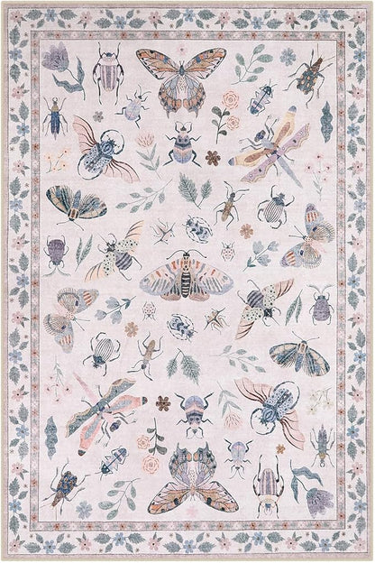 Lahome Insect Print Washable Rugs for Living Room, Soft 6x9 Pink Rug for Bedroom Ultra-Thin Non Slip, Stain Resistant Modern Easy Clean Large Carpet for Dining Room Nursery Classroom(6'x9',Pink)