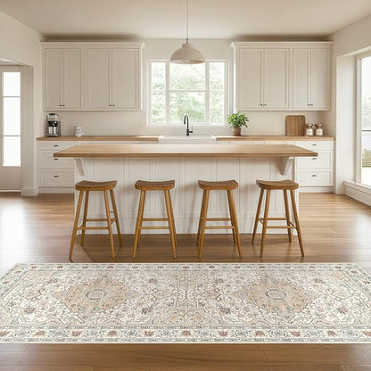 Runner Rug Kitchen Washable Rugs: 3x10 Non-Slip Boho Soft Vintage Stain Resistant Indoor Floor Neutral Farmhouse Throw Carpet for Hallway Bathroom Laundry Room Entryway Bedroom- Cream