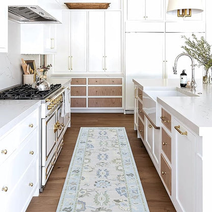 Fame Living Cream Blue Oushak Runner Rug, Modern Runners, Vintage, Turkish, Eclectic, Floral, Pastel, Washable, Long Runner Rugs for Hallway, Kitchen, Living Room, Bedroom, Kitchen, Bathroom, 2'5"x13'