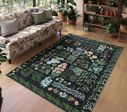 Floral Boho 5x7 Area Rugs for Living Room, Botanical Black Washable Bedroom Rug Non Slip, Large Soft Indoor Throw Carpet for Entryway Kitchen Dining Room Office (Black,5 x 7)