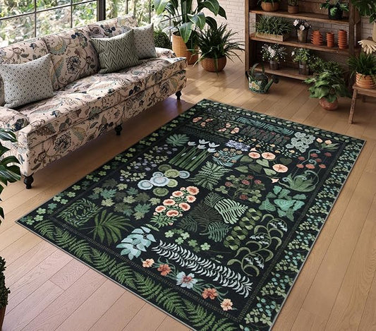 Floral Boho 5x7 Area Rugs for Living Room, Botanical Black Washable Bedroom Rug Non Slip, Large Soft Indoor Throw Carpet for Entryway Kitchen Dining Room Office (Black,5 x 7)
