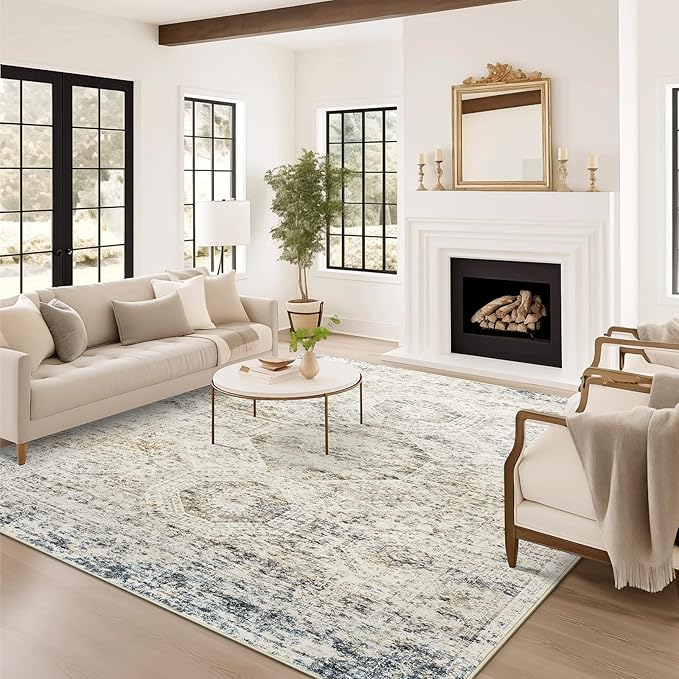 6x9 Area Rug for Living Room Washable 6x9 Non-Slip Modern Rugs for Bedroom Dinning Room Ultra-Thin Indoor Blue Ivory