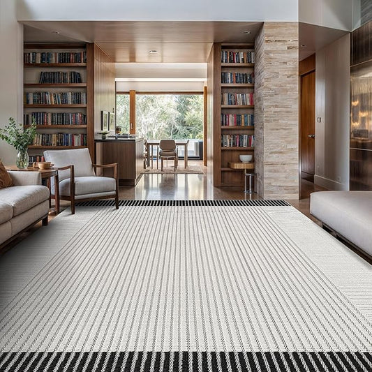 Modern Micro Loop Indoor Area Rugs for Living Room Bedroom Kitchen Geometric Striped Black-White 8x10 Luxury Durable Low and High Pile Non-Shedding Stain Resistant Soft Area Carpet 8 x 10