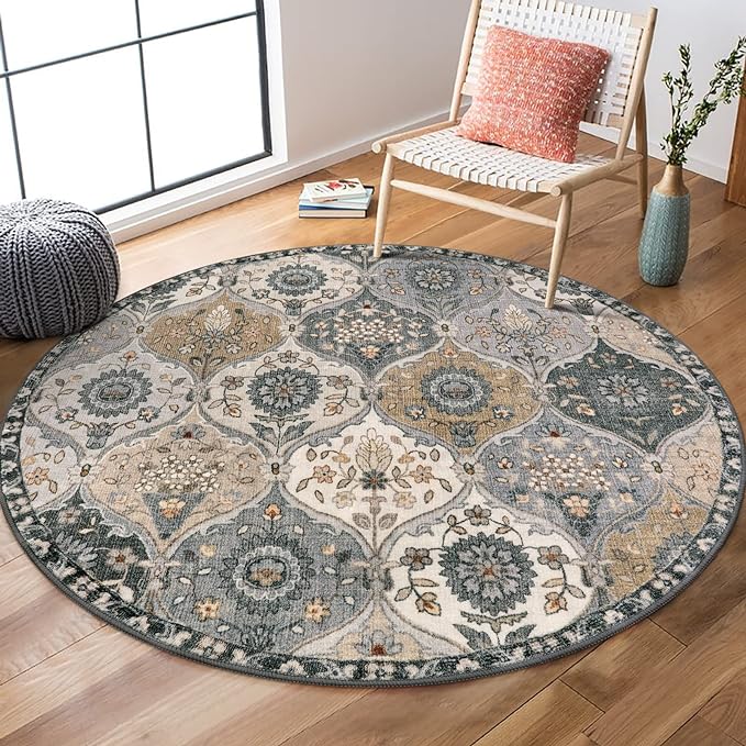 Lahome Moroccan Trellis Round Area Rugs, Washable Small Round Rug 3ft Non-Slip, Soft Vintage Ultra-Thin Circle Carpet for Bedroom Entryway Kitchen Laundry Bathroom, Grey
