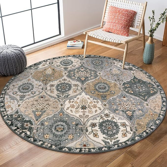 Lahome Moroccan Trellis Round Area Rugs, Washable Small Round Rug 3ft Non-Slip, Soft Vintage Ultra-Thin Circle Carpet for Bedroom Entryway Kitchen Laundry Bathroom, Grey