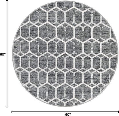 Rugs.com Lattice Trellis Collection Rug – 5 Ft Round Gray Low-Pile Rug Perfect for Kitchens, Dining Rooms