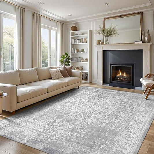 vivorug 5x7 Neutral Area Rugs, Stain Resistant Washable Rug for Living Room, Vintage-Inspired (Ivory/Silver, 5'x7')