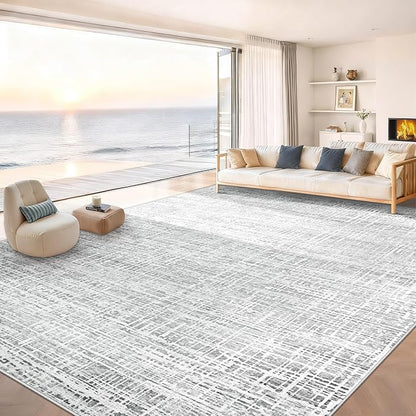 9x12 Area Rugs for Living Room, Washable Large Area Rug Neutral Modern Abstract Bedroom Rug Soft Non Slip Low Pile Stain Resistant Indoor Carpet for Kids Playroom Dining Room Office(Grey, 9'x12')