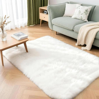 3x5 Solid Fluffy White Area Rug – Washable, Durable, Living Room Rug, Non-Slip High Pile Shag Rugs for Bedroom, Living Room, Bedside, Dorms, Nursery Rooms, Kids Room, Soft Indoor Floor Carpet