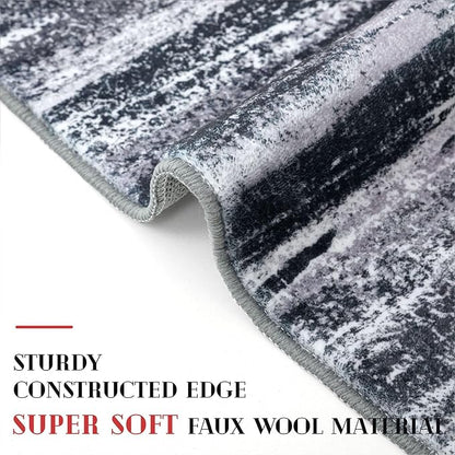 Modern Abstract Runner Rug 2x5, Black Grey Washable Kitchen Runner Entryway Rug Mat Non-Slip Soft Hallway Rug Runner Thin Print Faux Wool Carpet for Bedroom Laundry Room Indoor