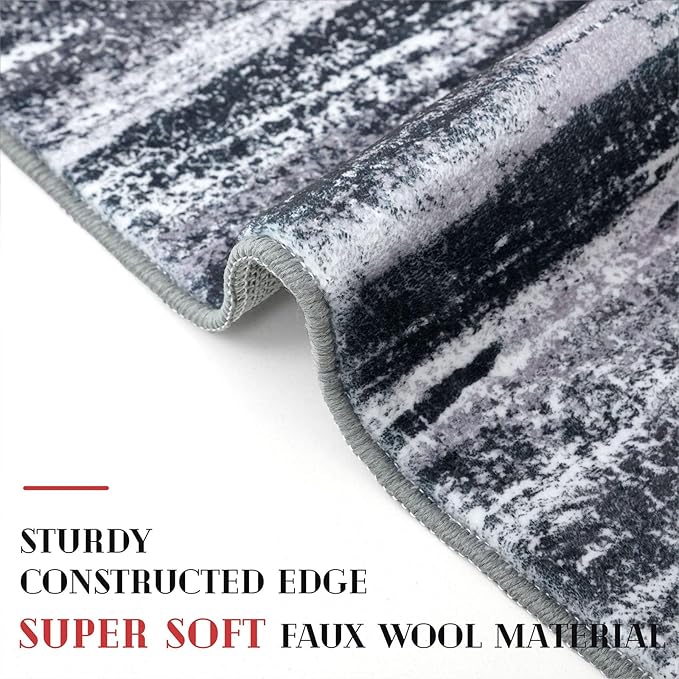 Modern Abstract Entryway Rug Indoor 2x3 Washable Rug Non-Slip Soft Small Area Rug Black Grey Kitchen Mats Thin Print Faux Wool Floor Carpet Throw Rugs for Entrance Bedroom
