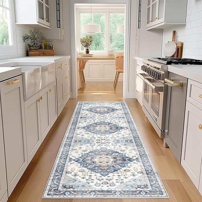 Enkor Runner Rug for Hallway, 2.6x8 Washable Soft Non Slip Floor Rugs for Kitchen, Modern Mat for Living Room Bedroom Entryway Blue & White