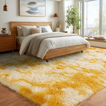 Extra Large Plush Rug High Pile Fluffy Rug for Living Room, Big Plush Non-Skid Shag Carpet, Soft Shaggy Rugs for Bedroom Indoor Modern Home Decor Tie Dye Yellow 9x12ft