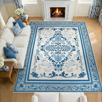 SOULFUL Medium Pile 4x6 Rugs for Living Room - Soft Foot Feel Area Rug - Blue Boho Floral - Washable Non-Slip - Perfect for Bedroom Kids Room Under Dining Table Office