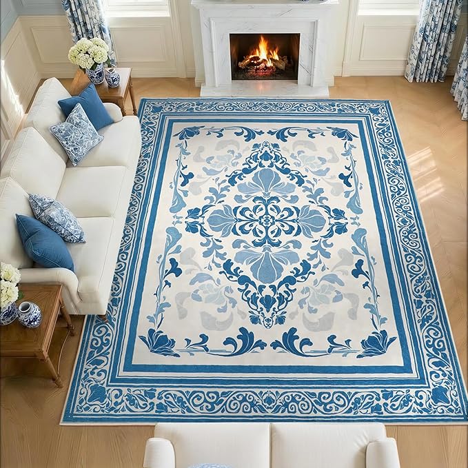 SOULFUL Medium Pile 8x10 Rugs for Living Room - Soft Foot Feel Large Area Rug - Blue Boho Floral - Washable Non-Slip - Perfect for Bedroom Kids Room Under Dining Table Office