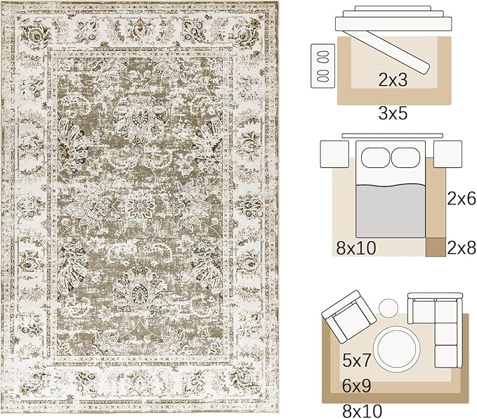 jinchan Fiora Floral 3x5 Area Rug for Entryway - Machine Washable Taupe Vintage Distressed Design Doormat Non-Slip Ultra-Thin Low Pile Boho Rug for Kitchen Living Room Bedroom Farmhouse (3'x5', Taupe)