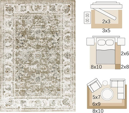 jinchan Fiora 4x6 Area Rugs for Bedroom - Machine Washable Distressed Vintage Floral Design Stain Resistant Boho Carpet Ultra-Thin Low Pile Non-Slip Rug for Living Room Dining Room (4‘x6', Taupe)