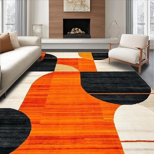 Flatwoven High Traffic Area Rug 8x10, Copper Black Orange Geometric Abstract Design, Non Slip, Stain Resistant, Washable Area Rugs for Living Room, Bedroom (Orange, 8x10)