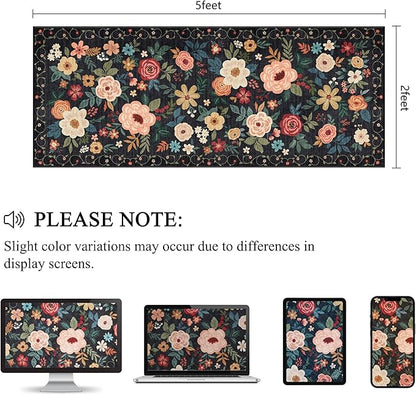 DUKINO 2x5 Runner Rug for Hallway, Washable Kitchen Floral Runner Rug with Non Slip Backing, Low Pile Soft Boho Carpet for Kitchen, Hallway, Entryway, Laundry, Bedroom, Black