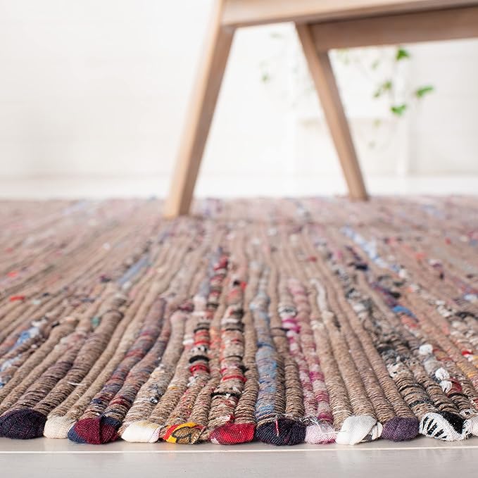 SAFAVIEH Rag Rug Collection Area Rug - 4' Square, Rust & Multi, Handmade Boho Stripe Cotton, Ideal for High Traffic Areas in Living Room, Bedroom (RAR121E)