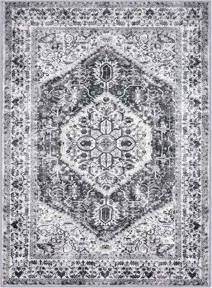 KOZYFLY Boho Area Rug 8x10 Ft Thin Rugs for Living Room Washable Bedroom Rug Non Slip Rugs for Dining Room Printed Faux Wool Rectangular Rug Floor Carpet for Dining Room Living Room, Grey