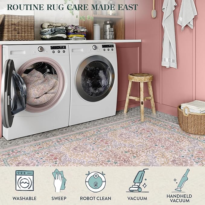 Lahome Floral Entryway Rug, 2x3 Kitchen Rugs Non Slip Washable Boho Pink Forest Design, Soft Door Mat Indoor Entrance, Ultra-Thin Easy Clean Small Throw Carpet for Bedroom Bathroom, Pink