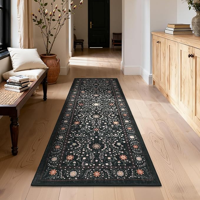 GarveeHome Boho 2x6 Runner Rug for Hallways Non Slip, Vintage Botanical Kitchen Rugs Washable Area Rug for Entryway Stain Resistant, Low Pile Soft Runner Black Carpet for Bedroom Floor Laundry Room