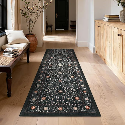 GarveeHome Boho 2x6 Runner Rug for Hallways Non Slip, Vintage Botanical Kitchen Rugs Washable Area Rug for Entryway Stain Resistant, Low Pile Soft Runner Black Carpet for Bedroom Floor Laundry Room