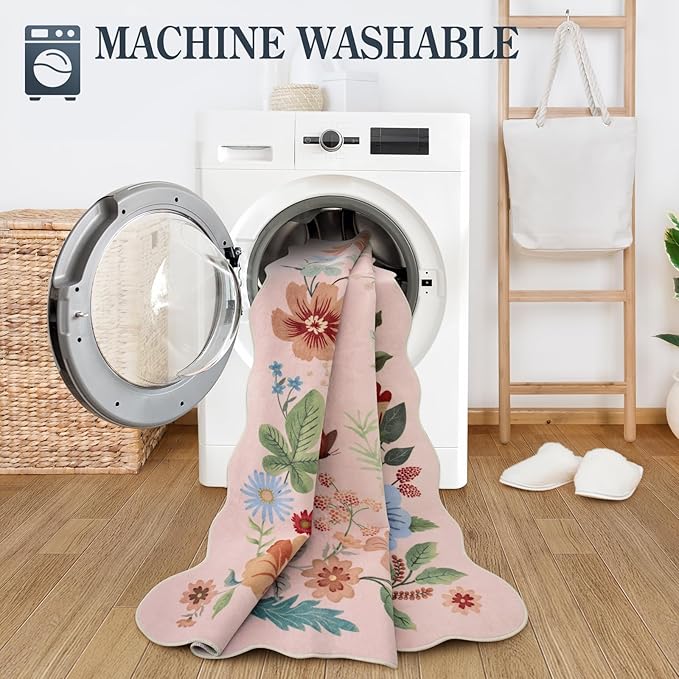 Lahome Floral Living Room Rugs, Pink Area Rugs 5x7 Rug for Bedroom Ultra-Thin Soft Non-Slip Washable Rugs Stain Resistant Throw Boho Carpet for ‎‎Nursery Playroom Classroom, Light Pink