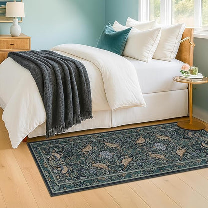 Botanical Bird 2x6 Entryway Rugs Indoor, Machine Washable Runner Rugs for Hallway, Blue and Teal Non Slip Mat for Bathroom, Bedroom Beside Bed, Kitchen, Stain Resistant Forest Green Décor