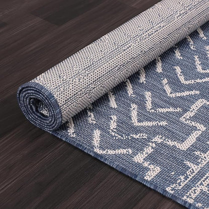 Beverly Rug Waikiki Indoor Outdoor Rug 5x7, Washable Outside Carpet for Patio, Deck, Porch, Trellis Area Rug, Water Resistant, Blue - White