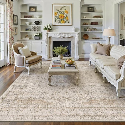 8x10 Washable Beige Area Rug Vintage Living Room Bedroom Carpet Non-Slip Soft Low Pile Distressed Indoor Large Throw Rug for Dining Room Office