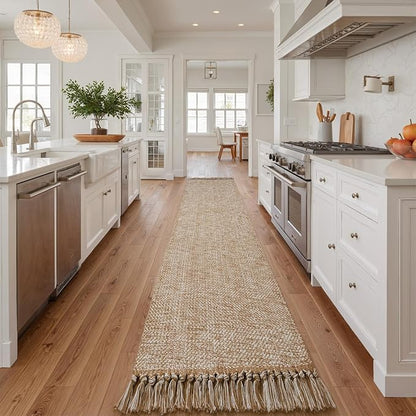 Collive Boho Runner Rug for Hallway, Washable 2.6x16 ft Long Hallway Runners Rug Farmhouse Neutral Kitchen Rug, Woven Cotton Tan/Cream Low Pile Floor Carpet for Entryway Bedroom
