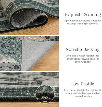Phantoscope Washable Area Rug 5'x7' Non-Slip, Vintage Boho Rugs for Living Room, Bedroom, Dining Room, Distressed Moroccan Mosaic Diamond Pattern, Low-Pile Foldable Floor Carpet, Grey Charcoal