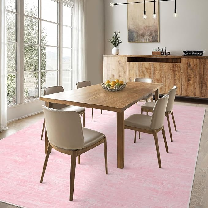 Garvee 8x10 Area Rug for Living Room Washable Kids Room Rug with Rubber Backing, Stain Resistant Modern Solid Rugs Non Shedding Low Pile Contemporary Carpet for Bedroom, Dining Room, Pink