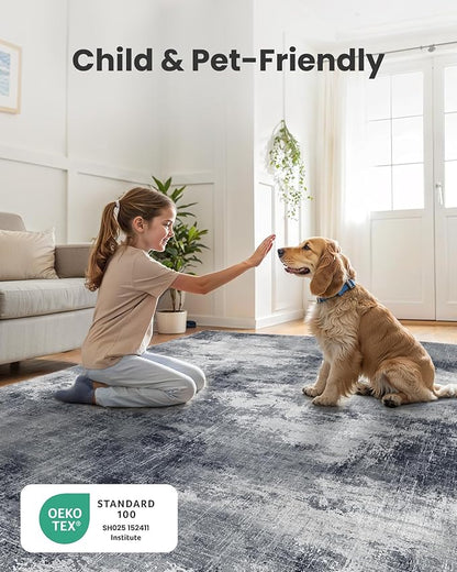6x9 Area Rugs for Living Room, Modern Abstract Washable Rug with Non-Slip Backing & Low Pile Indoor Carpet for Nursery Room, Bedroom and Dinning Room, Grey