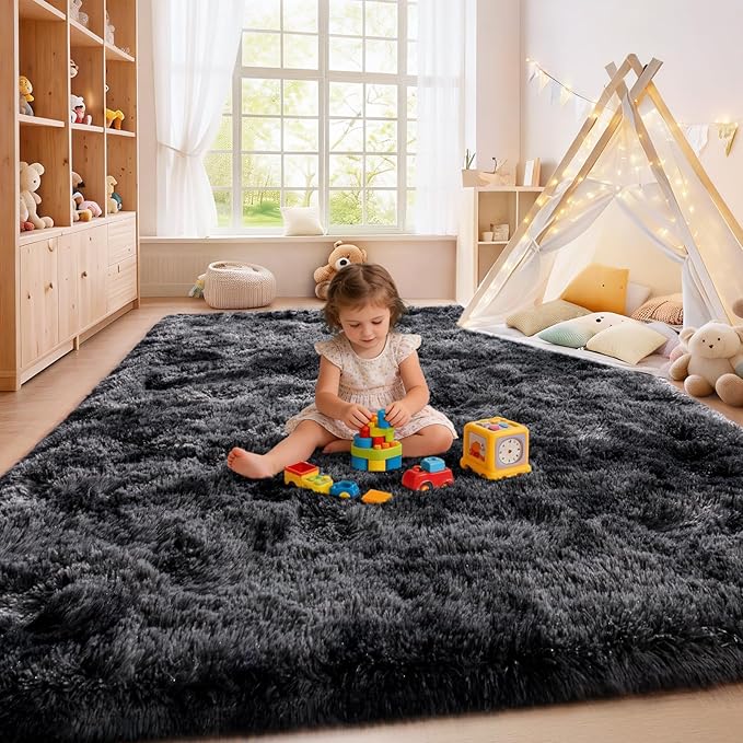 Fluffy Carpet for Living Room, Furry Carpet for Teen, Shaggy Rug for Nursery Room, Black Grey Fuzzy Plush Rug for Dorm 6x9 Feet