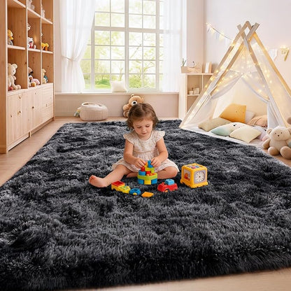 Tie-Dyed Black Grey Shaggy Rugs Fluffy Carpets, Indoor Modern Plush Area Rugs for Living Room, Upgrade Anti-Skid Area Rug, Rectangular 9x12 Feet Fuzzy Rug for Nursery Home Decor