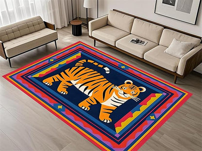 Cartoon Tiger Area Rug, 6x8ft,Tiger Theme Decorative Rug Suitable for Living Room Sofa Area, Modern Abstract Non-Slip Washable Tiger Pattern Rug Suitable for Bedroom Children's Room Decoration