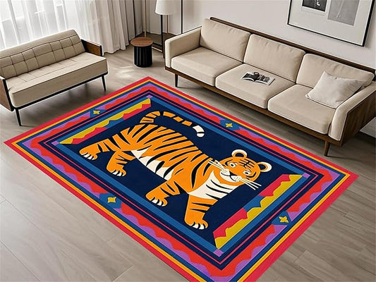 Cartoon Tiger Area Rug, 6x8ft,Tiger Theme Decorative Rug Suitable for Living Room Sofa Area, Modern Abstract Non-Slip Washable Tiger Pattern Rug Suitable for Bedroom Children's Room Decoration