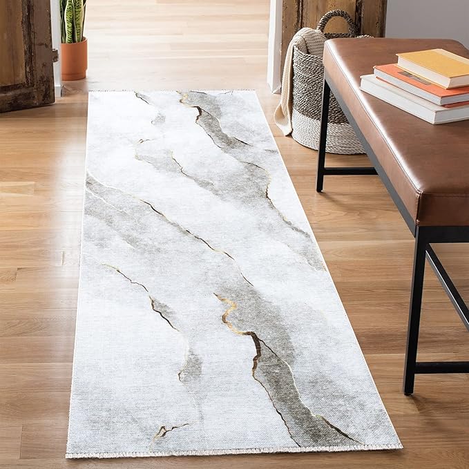 Bloom Rugs Caria Washable Non-Slip 10 ft Runner - Ivory/Gold Modern Abstract Runner for Entryway, Hallway, Bathroom, and Kitchen - Exact Size: 2'6" x 10'
