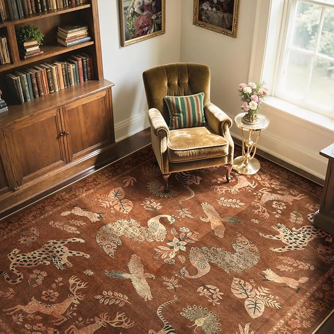 Moynesa Orange 5x7 Bedroom Rugs, Vintage Peacock Floral Washable Area Rugs for Living Room Dining Room Office Study, Low Pile Soft Non-Slip Water Repellent Carpets for Fall Winter Home Decor