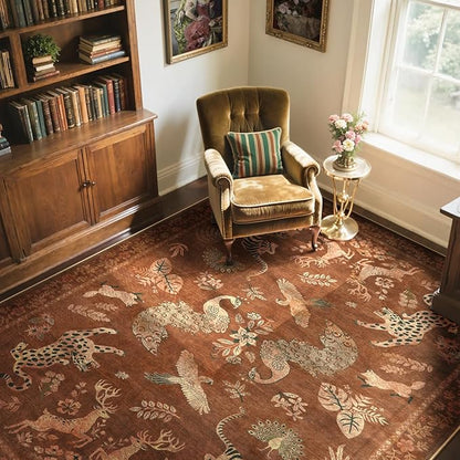 Moynesa Orange 5x7 Bedroom Rugs, Vintage Peacock Floral Washable Area Rugs for Living Room Dining Room Office Study, Low Pile Soft Non-Slip Water Repellent Carpets for Fall Winter Home Decor