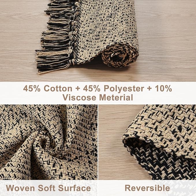 Collive 4x6 Area Rug, Natural/Black Woven Cotton Washable Modern Bedroom Rugs, Boho Dining Room Door Rug Carpet with Tassel for Living Room Nursery Room Office, Outdoor Rug for Patio Hallway Decor