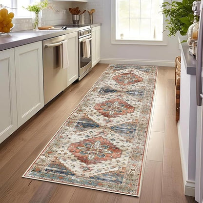 Enkor Runner Rugs for Hallway, 2.6x8 Washable Soft Non Slip Floor Rugs for Kitchen, Modern Mat for Living Room Bedroom Entryway Beige & Red