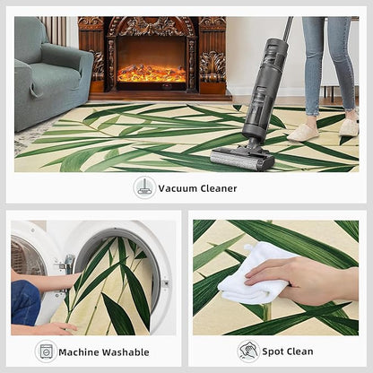 3x6 Bamboo Leaves Bedroom Rug Under Bed - Realistic Botanical Art Kids Room Rugs, Minimalist Leaves Bedroom Runner Rug Soft Washable for Living Room Kitchen