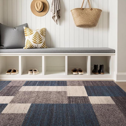 Rugshop Modern Boxes Design Non-Slip (Non-Skid) Area Rug for Entryway,Kitchen,Bedroom 4' x 6' Blue